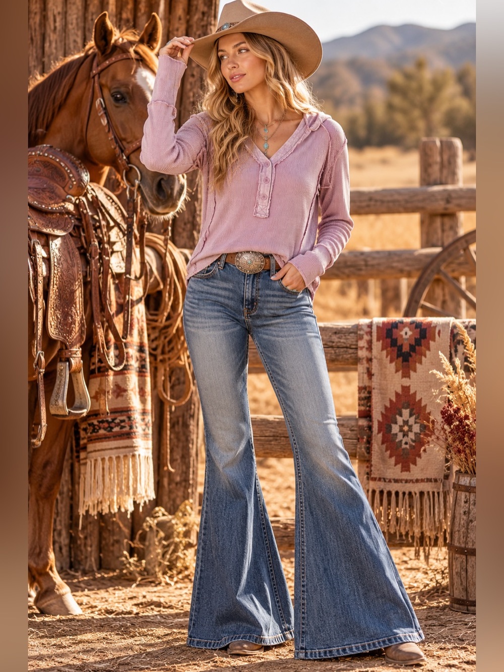 Pink mineral wash waffle cotton button Henley pullover western boho tunic top